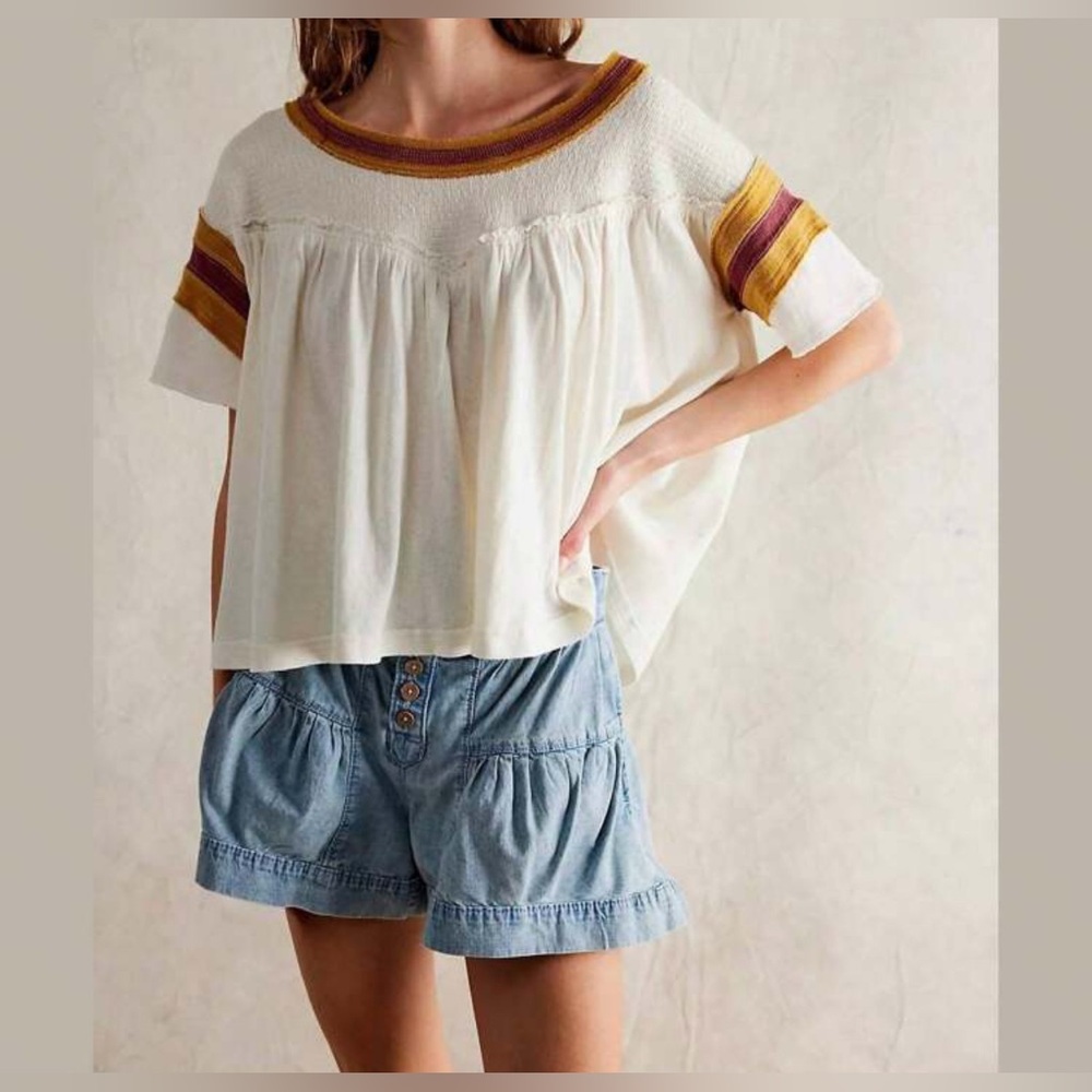 Free People Cream Short Sleeve Boxy Knit Top with Mustard & Rust Trim